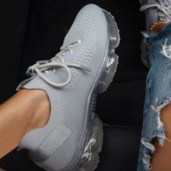 New Gray Knit Lace Up Clear Bubble Sole Sneakers - Picture 1 of 3